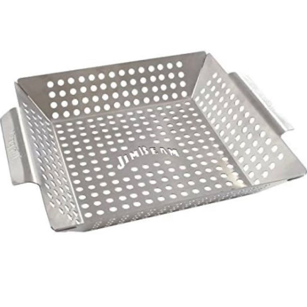NWT Jim Beam Stainless Steel Silver Heavy Duty Grilling Wok easy grip w/ handles